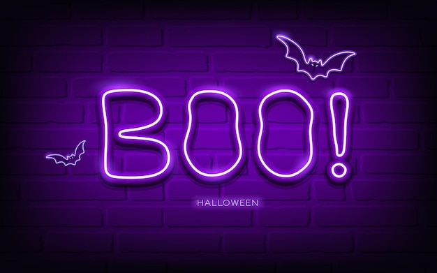 Boo mensagem e morcego luz néon roxo feliz halloween conceito design na parede de bloco