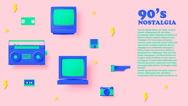 Boom box TV câmera de filme e PC de mesa no clima de nostalgia dos anos 90 realista 3d esquema de cores pastel dos anos 90 ilustração vetorial