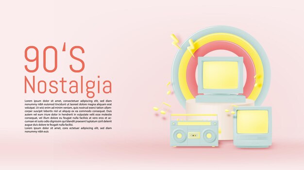 Boom box tv e desktop pc em clima de nostalgia dos anos 90 ilustração vetorial de esquema de cores pastel realista 3d dos anos 90