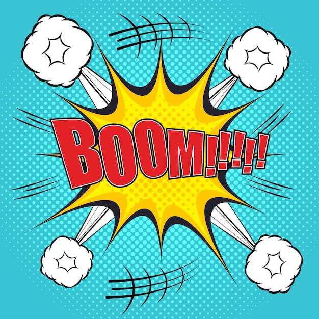 Boom comic bubble text no estilo pop art com nuvens que explodem e meio-tom