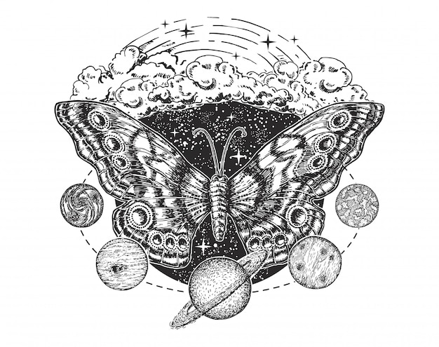 Borboleta com ilustração de planetas