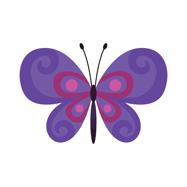 Borboleta de cor exótica asas de mariposa desenhadas à mão ou inseto animal tropical de desenho animado ícone de vetor isolado