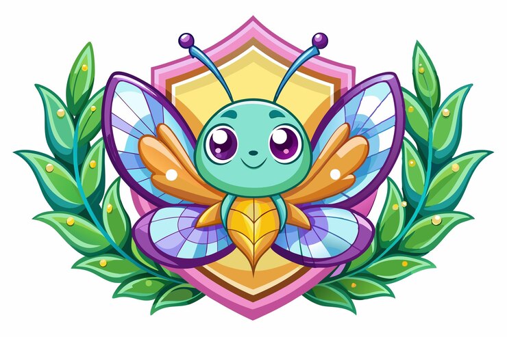Vetor borboleta de desenho animado com olhos grandes e folhas verdes