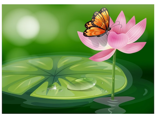 Borboleta descansando em uma bela flor de lótus rosa em uma lagoa