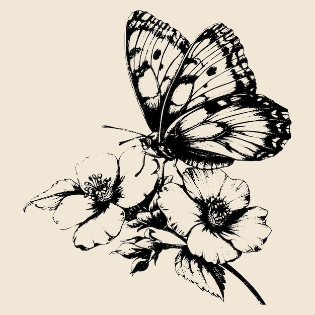 Vetor borboleta desenhada à mão em uma flor desenho realista elegante de alta qualidade