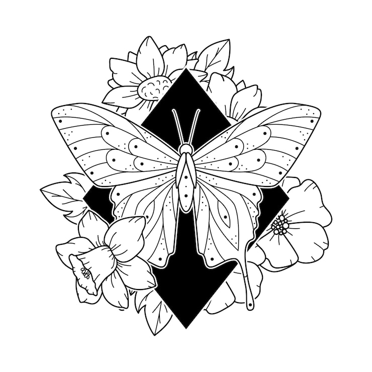 Vetor borboleta e flores estilizadas arranjo floral de arte linear com folhas e flores estampa de insetos com papoula e narciso