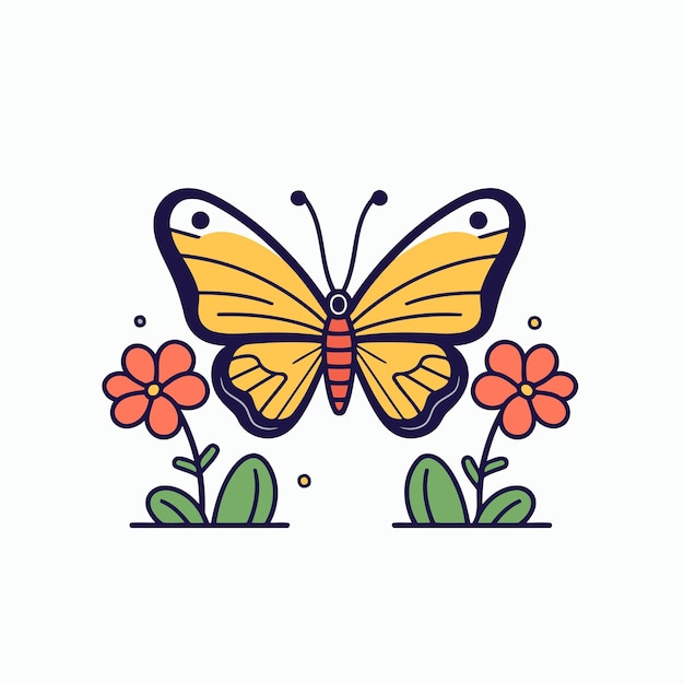 Vetor borboleta e flores ilustração vetorial em estilo linear plano