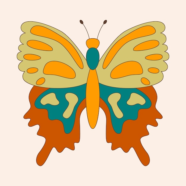 Borboleta hippie retrô dos anos 60 e 70 para adesivos de cartões ou design de pôster ilustração vetorial plana