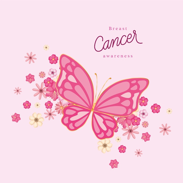 Vetor borboleta rosa com flores de design, campanha e tema de prevenção do câncer de mama