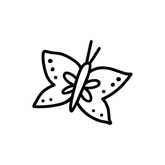 Borboleta voadora bonita isolada na ilustração de rabiscos desenhados à mão de fundo branco