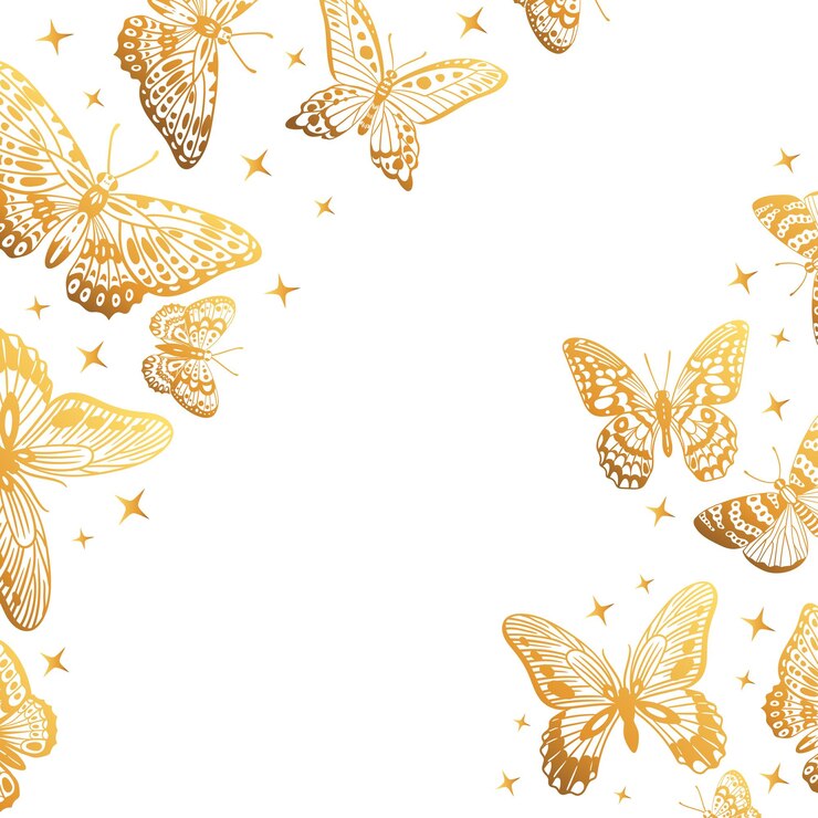 Vetor borboletas douradas dos desenhos animados cobrem lindo fundo de borboleta brilhante bando de borboletas douradas lindas mariposas exóticas ilustração de pano de fundo vetorial plano