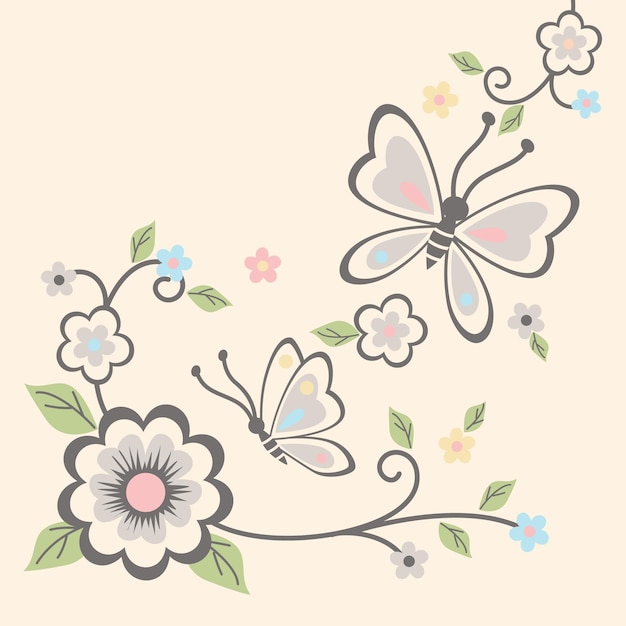 Vetor borboletas fofas com ilustração vetorial de flores coloridas