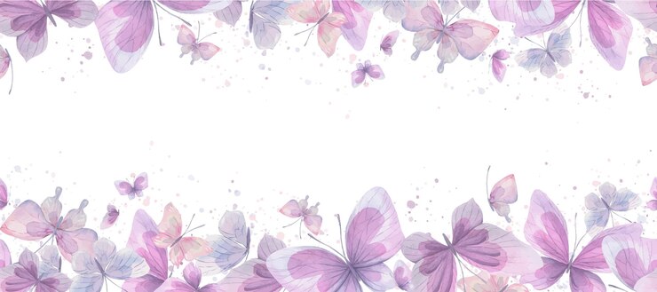 Vetor borboletas rosa lilás e azuis suaves e arejadas voando aquarela ilustração borda sem costura em um fundo branco para decoração e design de cartazes papéis de parede cartões postais tecidos têxteis