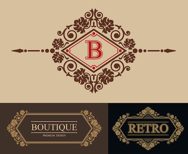 Borda caligráfica boutique modelo de emblema b de carta vetor de modelo retrô saligráfico borda luxuosa decorações elegantes linhas reais ilustração vetorial