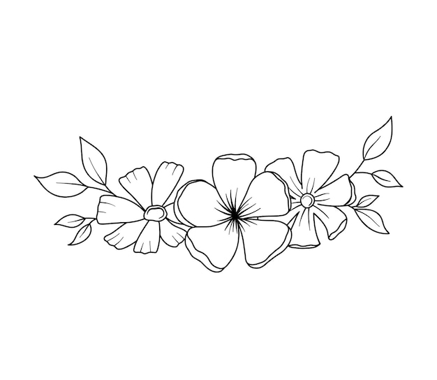 Borda de flores com flores e folhas em estilo de contorno linha vetorial flores silvestres elegante buquê floral desenhado à mão