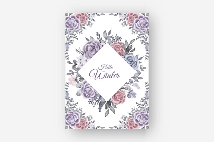 Vetor borda de inverno floral com flor rosa e folhas