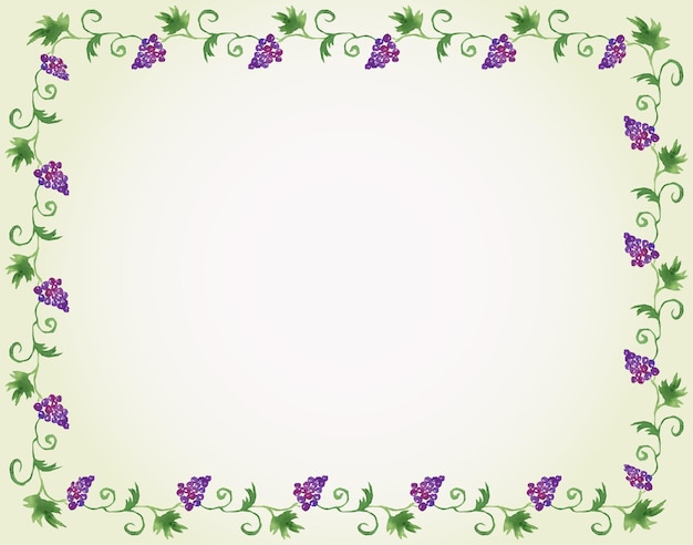 Borda decorativa de desenhos em aquarela de galhos de videira com uvas maduras