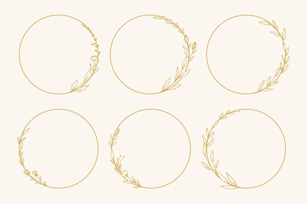Borda floral do círculo dourado com folhas desenhadas à mão e coleção de flores