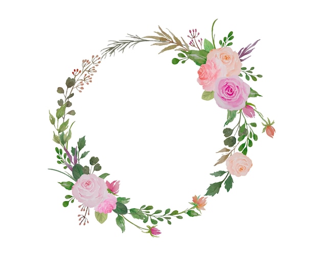 Vetor borda floral em aquarela, coroa de flores com ilustração de rosas e folhas verdes