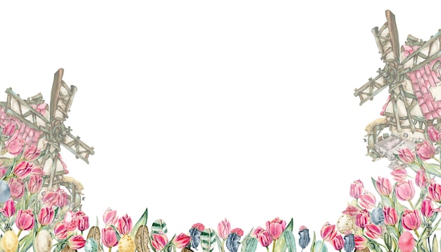 Borda horizontal sem costura floral com flores cor de rosa, folhas verdes e plantas, tulipas. pintura em aquarela