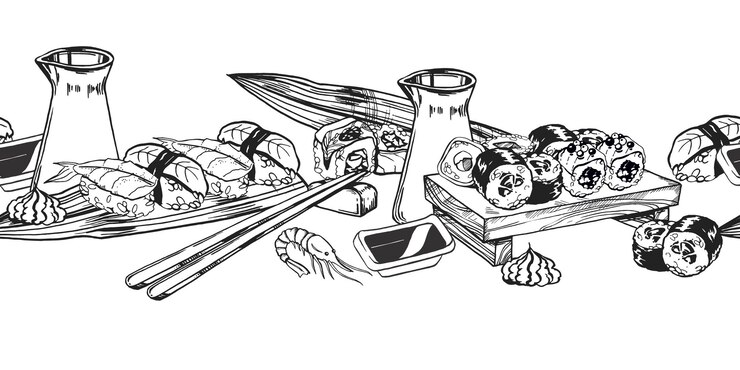 Vetor borda sem costura vetorial do tema comida japonesa com rolos sushi sashimi pauzinhos de molho de soja desenhado à mão esboço monocromático com tinta de ilustração de comida de frutos do mar isolada em fundo branco