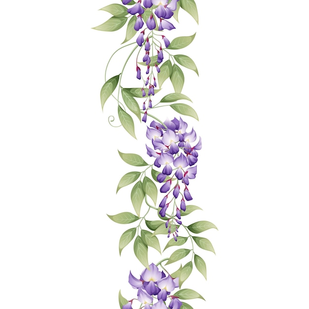 Borda vertical sem costura com plantas asiáticas de glicínias roxas ilustração botânica de flores para casamento