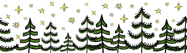 Borda vetorial de árvores de Natal Padrão sem costura árvores de rabiscos desenhados à mão verde vermelho Design de esboço decorativo de férias de inverno para banners de scrapbooking de decoração de cartão de fitas