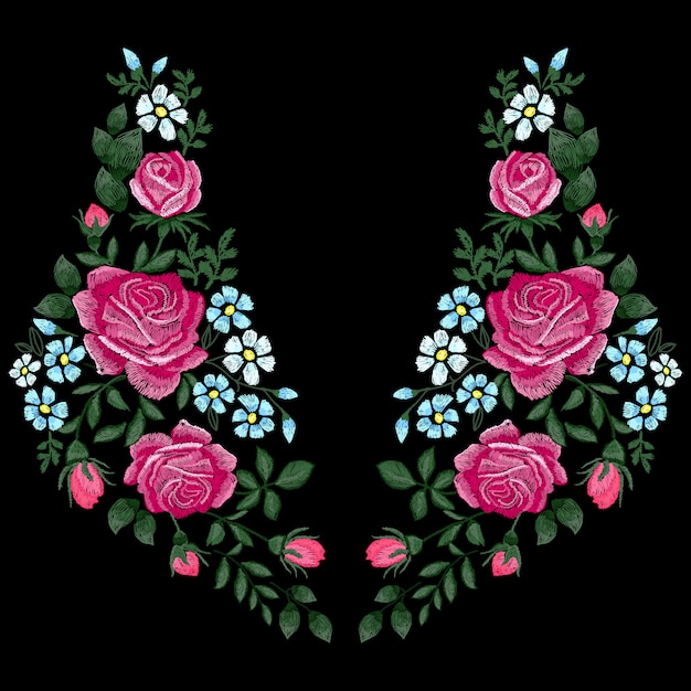 Bordado de rosas com folhas, brotos e flores azuis. linha de pescoço étnica, desenho de flores, moda gráficos vestindo. bordado para camiseta. imitação de ponto acetinado.