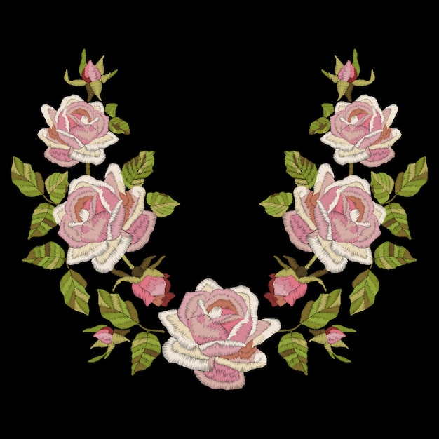 Bordado de rosas com folhas e brotos. linha de pescoço flores étnicas, desenho de flores. imitação de cetim