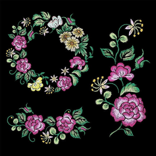 Bordados florais vintage flores orientais ornamentos bordados com peônia rosa jardim decoração de moda romântica buquê de impressão vetorial atual