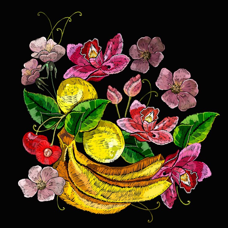 Vetor bordados limões, cerejas, bananas e flores de lótus