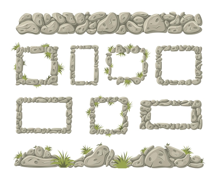 Vetor bordas e molduras de pedra rochas quebradas velhas para jogos de computador piso de grama de concreto e estrada de mosaico ui fantasia aplicativo móvel objetos isolados grandes e pequenos design de desenho vetorial