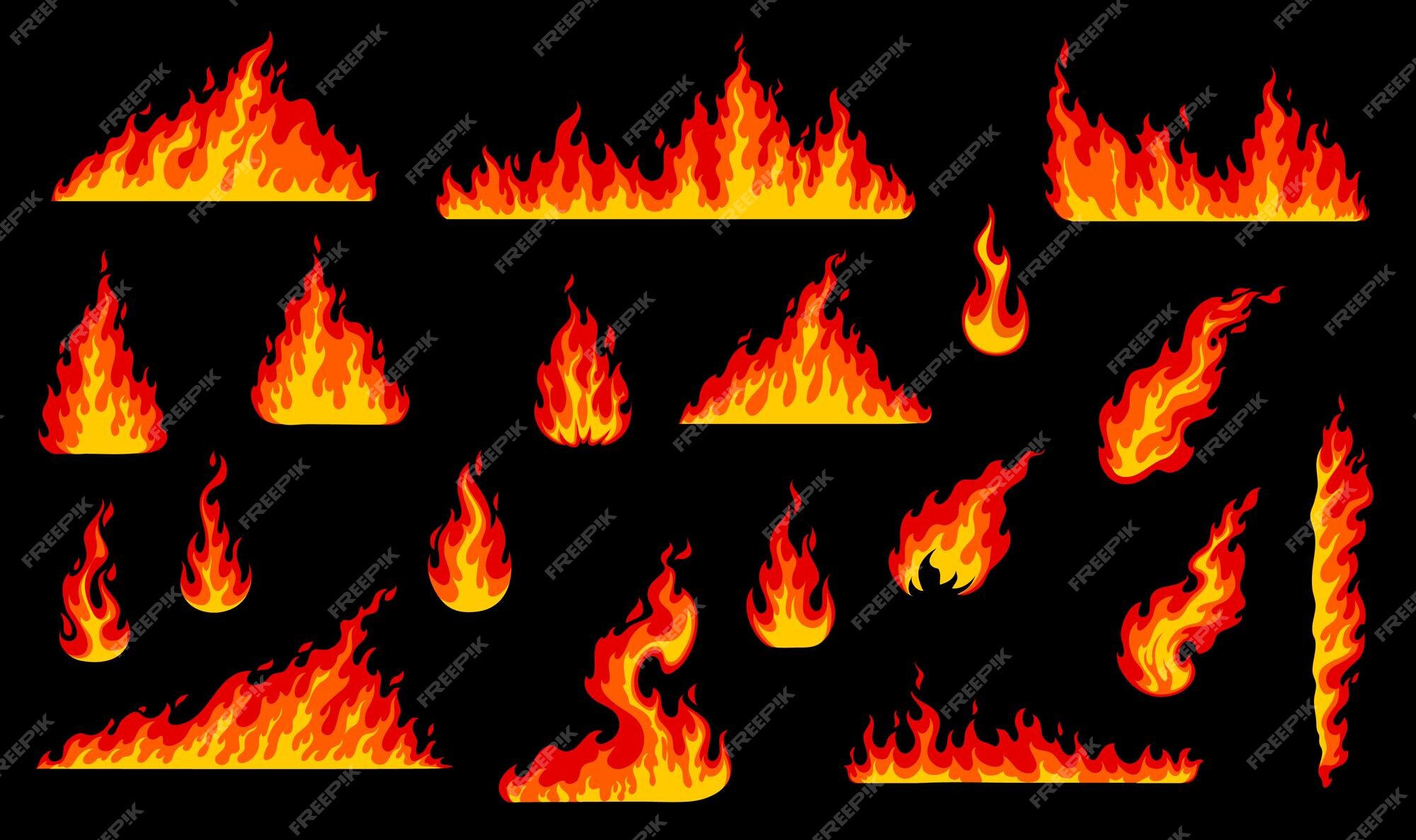 Desenho animado, chamas ardentes, chamas, incêndios, incêndios, sem  costura, fogo, flamejante, bordas, definido