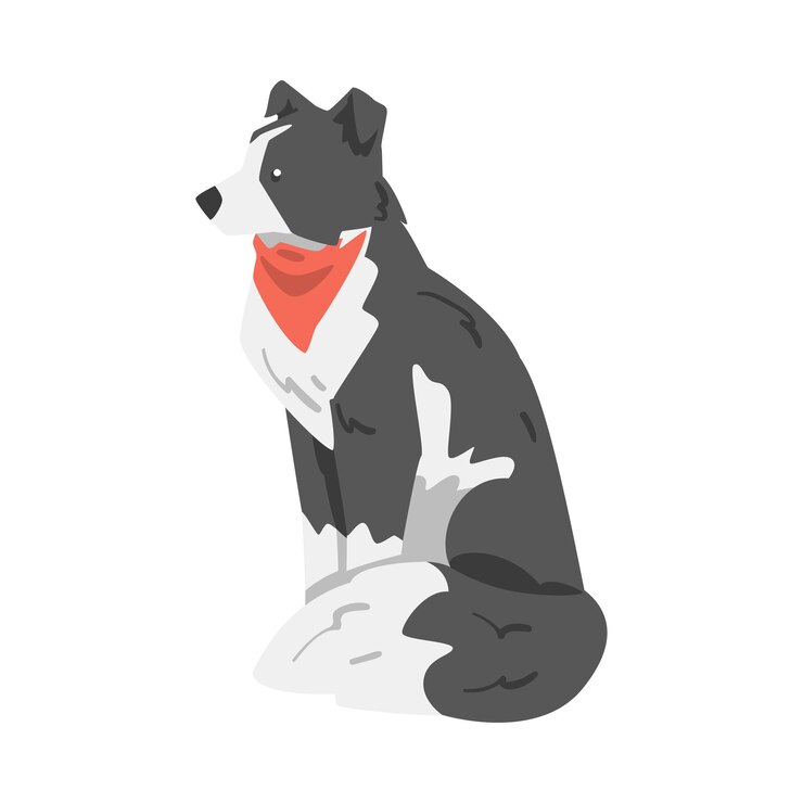 Vetor border collie dog em lenço vermelho vista lateral de sitting smart shepherd animal de estimação com casaco preto e branco ilustração vetorial de desenho animado