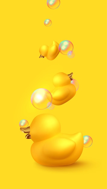 Borracha de pato amarelo. pato 3d realista de fundo com bolhas de sabão, brinquedo para procedimento de banho. ilustração vetorial