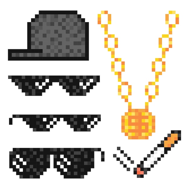 Boss ou gangster óculos de sol pixelados boné de corrente de ouro e cigarro Atributos de bandido Ilustração vetorial