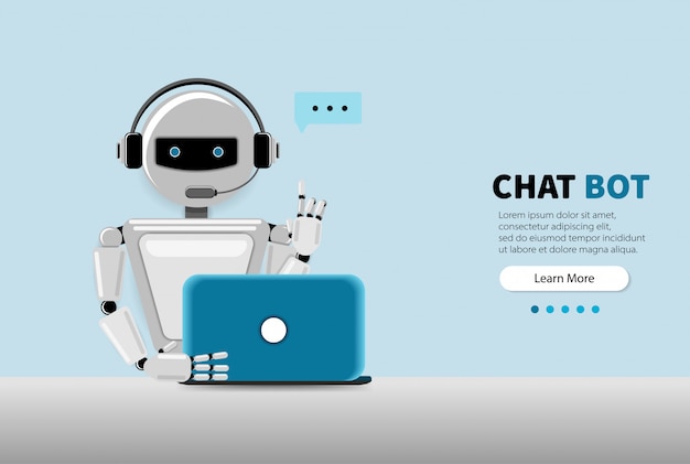 Vetor bot de bate-papo usando computador portátil, assistência virtual de robô de site ou aplicativos móveis. bot de serviço de suporte de voz. bot de suporte online. ilustração.