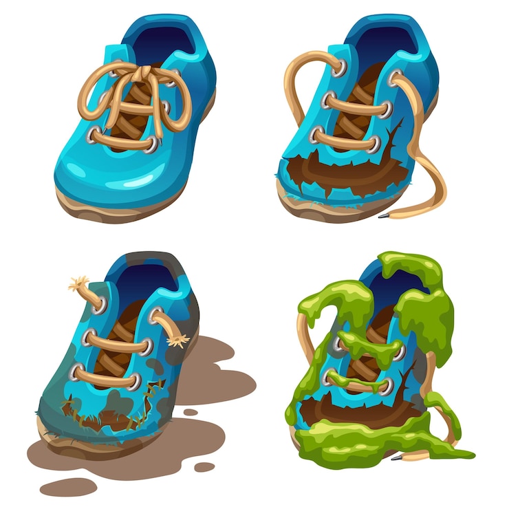 Vetor bota em musgo e líquen do pântano. novos sapatos velhos limpos e sujos manchados no solo.