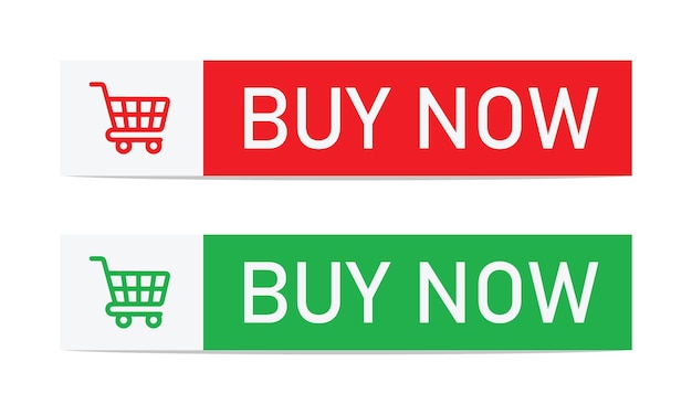 Botão comprar agora. botão verde e vermelho comprar agora plana com ícone de carrinho de compras, elementos de design da web.