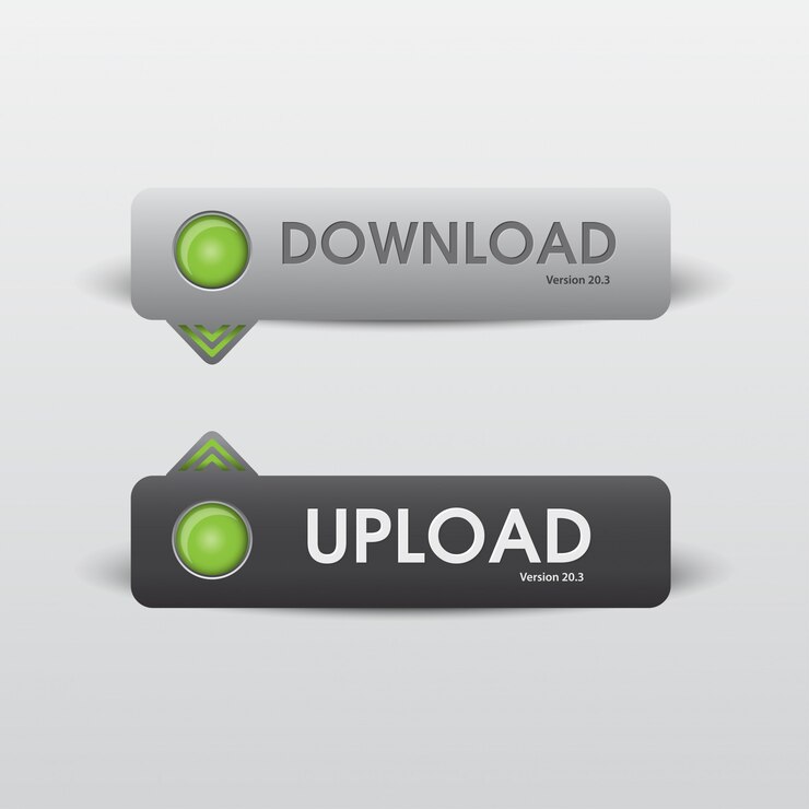 Vetor botão de download e upload da web em branco e preto
