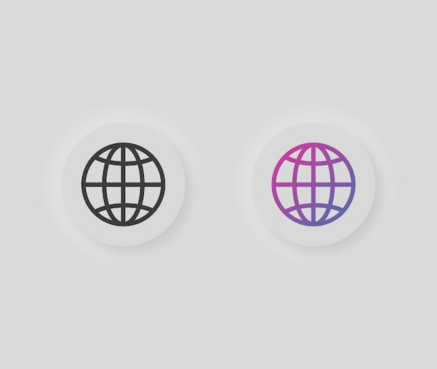 Botão de ícone de globo neumórfico em cor sólida e gradiente