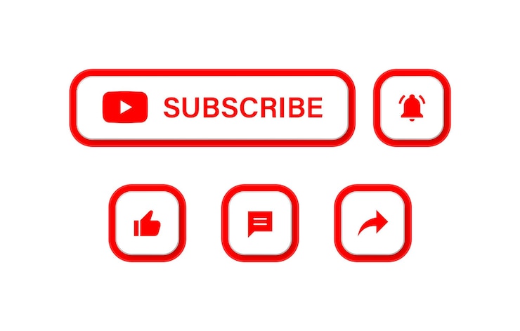 Vetor botão de inscrição do youtube 3d com ícones de notificação de mídia social como sinal de ícone de sino de compartilhamento de comentários
