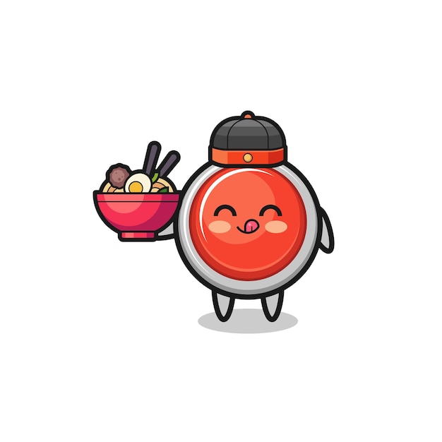 Botão de pânico de emergência como mascote de chef chinês segurando uma tigela de macarrão