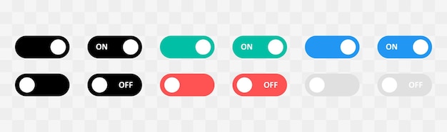 Botão de troca de coleção, preto, verde e azul na posição, preto, vermelho e cinza na posição desligado. ilustração em vetor plana. posição do botão on e off. definir modelo para aplicativos móveis.