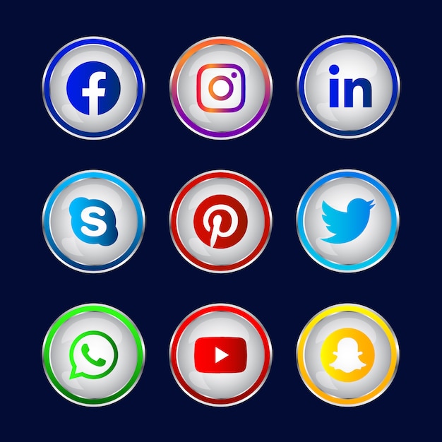 Botão gradiente de mídia social 3D brilhante colorido com ícone redondo do logotipo de mídia social
