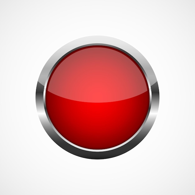Botão redondo vermelho com armação de metal. Ilustração vetorial Botão redondo isolado no fundo branco.