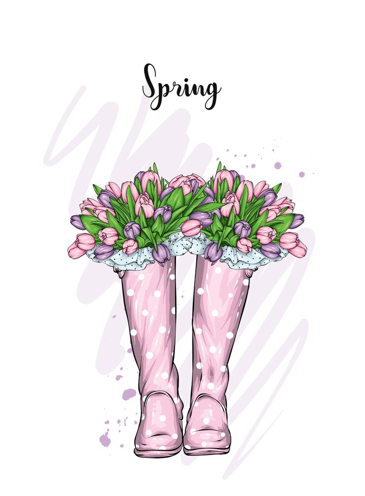 Vetor botas com tulipas primavera e flores