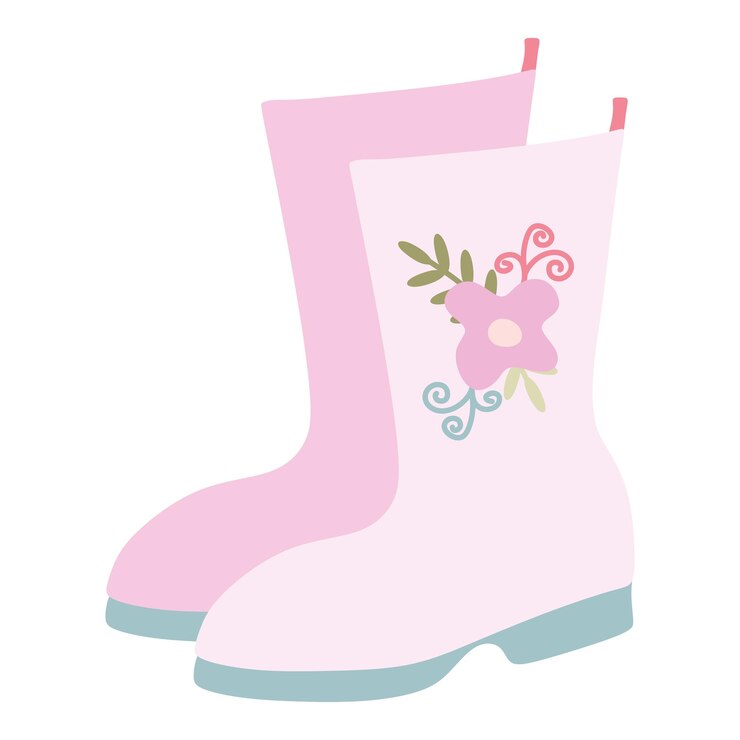 Vetor botas de borracha rosa com aplicação de flor isolada em branco vector flat gumboots ilustração calçados sazonais de primavera para dia de chuva proteção vestuário arte de design para cartão poster logo decor