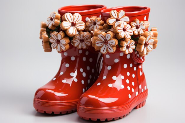 Vetor botas de chuva de borracha vermelha com impressão de flores isoladas em fundo branco renderização 3d