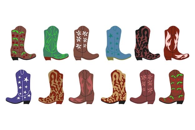 Vetor botas de cowboy com tema de faroeste de ornamento desenhado à mão colorida na moda ilustração isolada em vetor